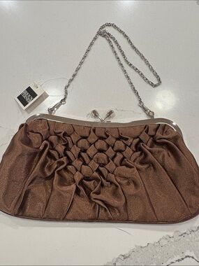 Bijoux Terner Brown Satin Pleated Clutch with Silver Chain